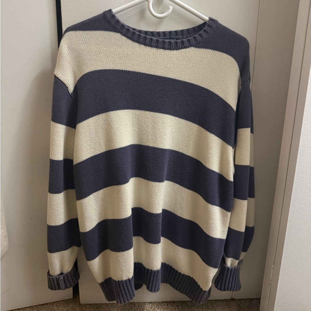 Brandy Melville Navy and Cream Striped Crewneck Sweater